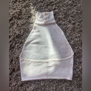 ARE YOU AM I white double layer baby ribbed high neck open back halter top